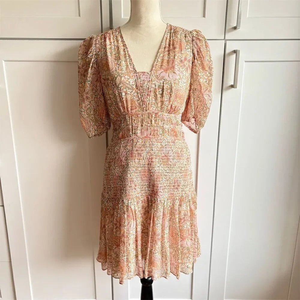 Shoshanna Women's Aubrey Puff Sleeve Smocked Mini Dress Size 6 Multicolored